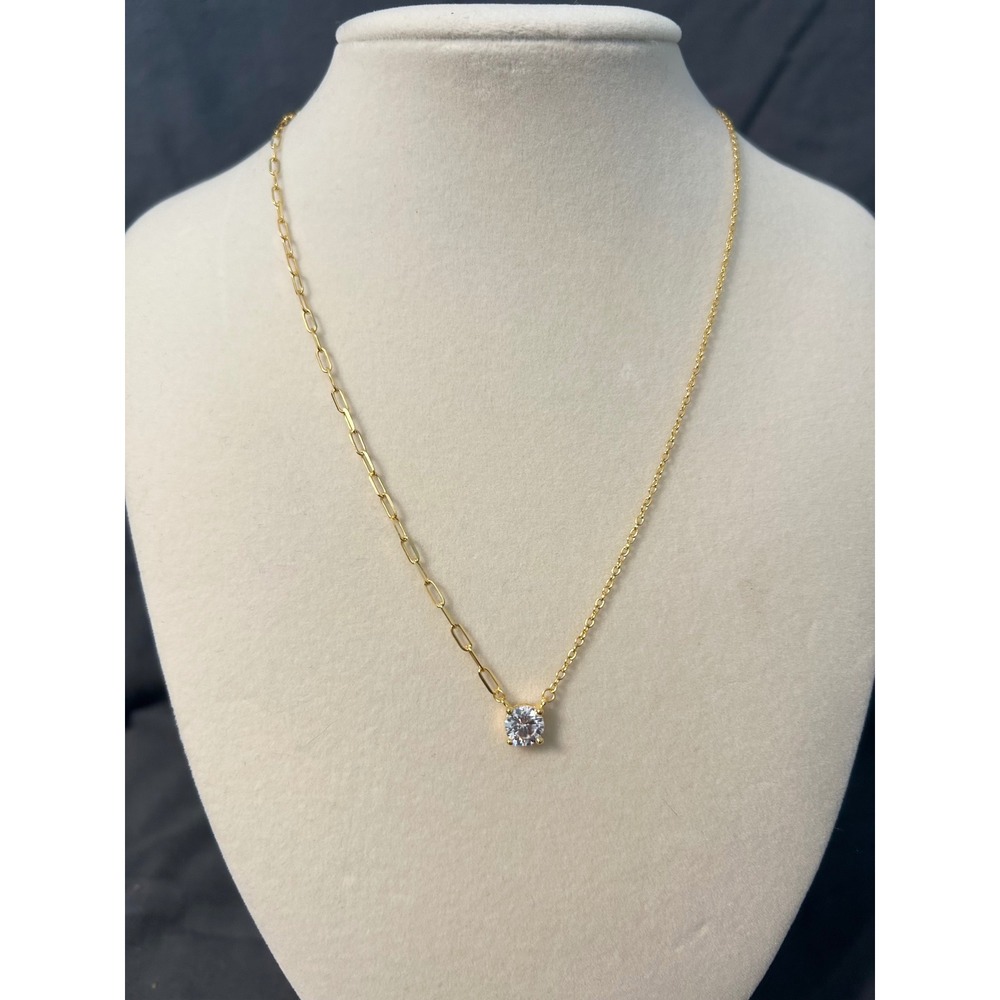Half and Half Round CZ Pendant Necklace 18k Gold Plated Silver 16-18" 6.5mm